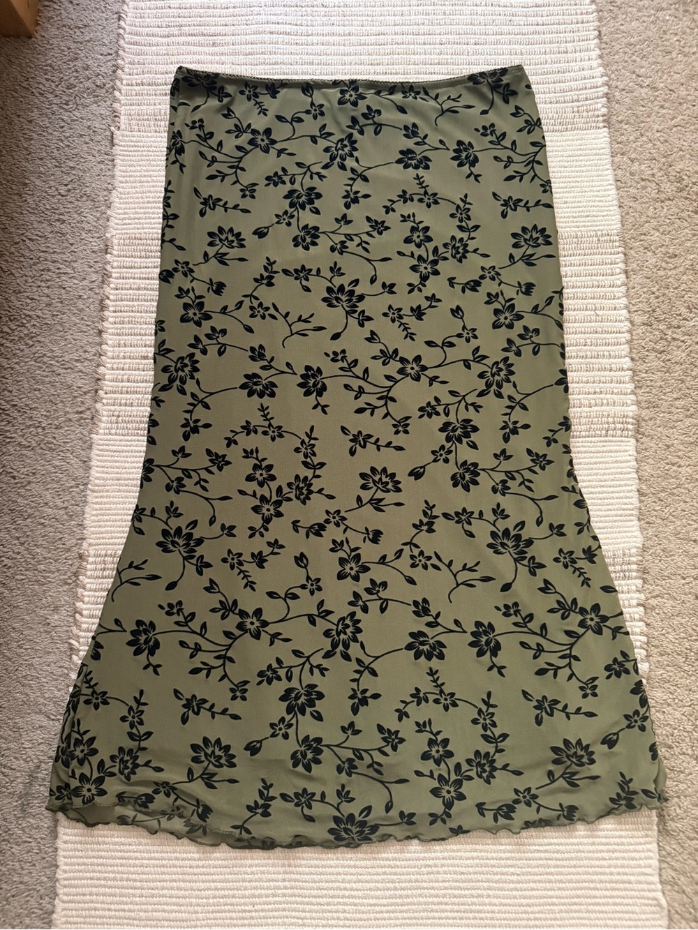Olive Green Black Floral Mesh Midi Skirt XL 90s Grunge Style